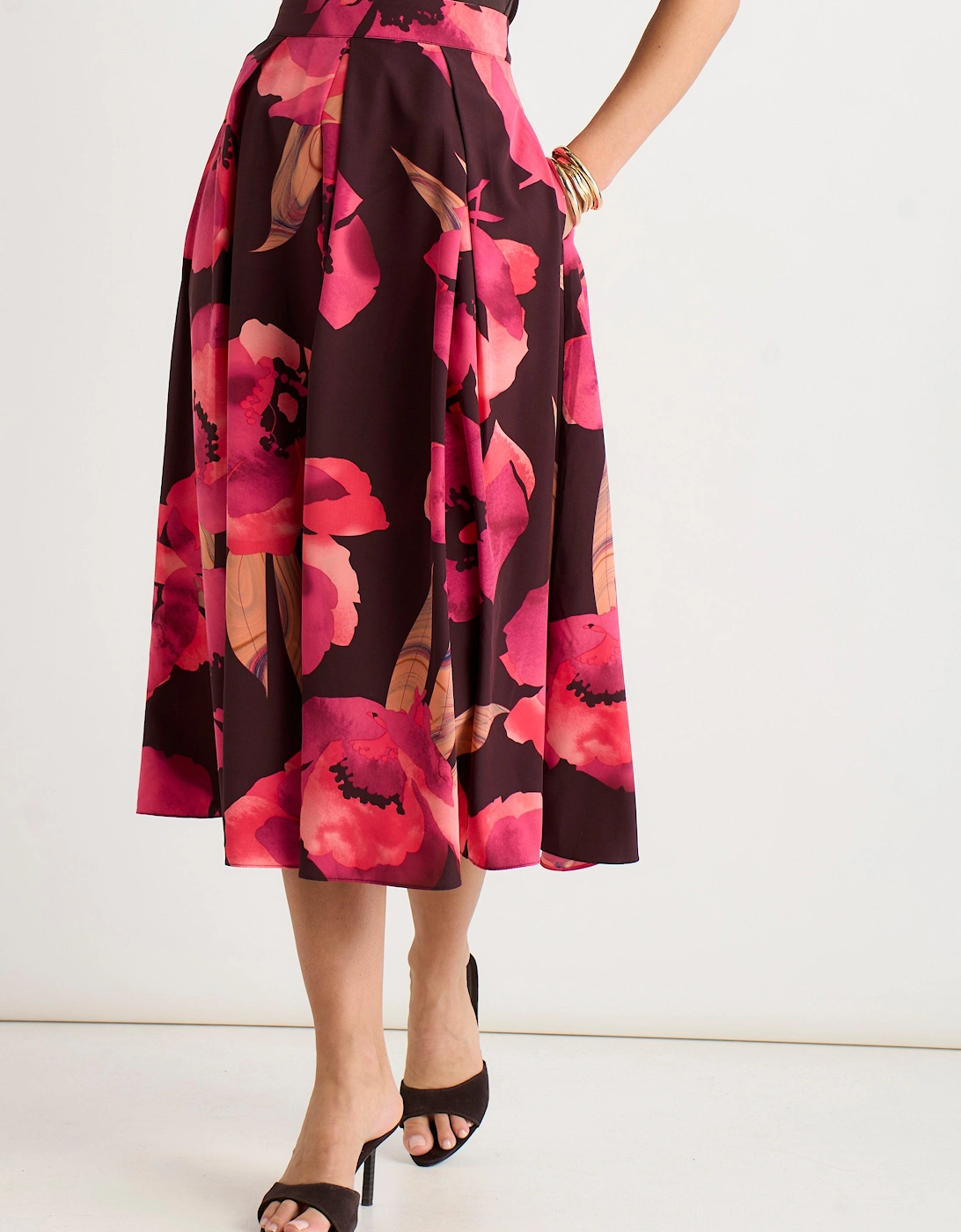 Brown Large Floral Box Pleat Midi Skirt