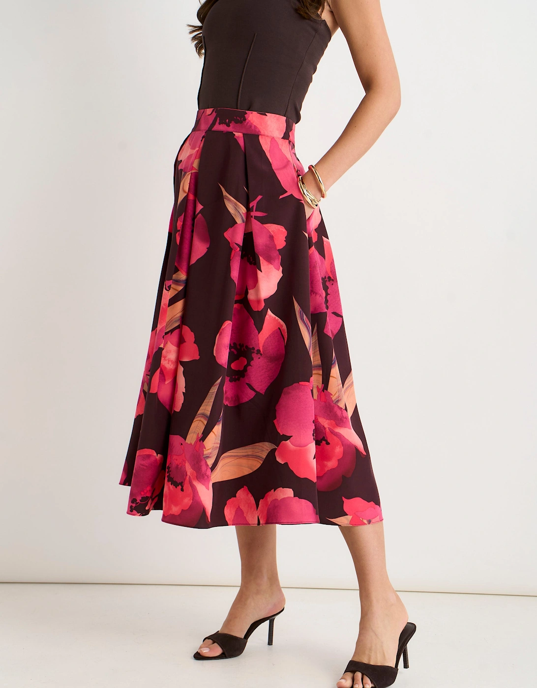 Brown Large Floral Box Pleat Midi Skirt