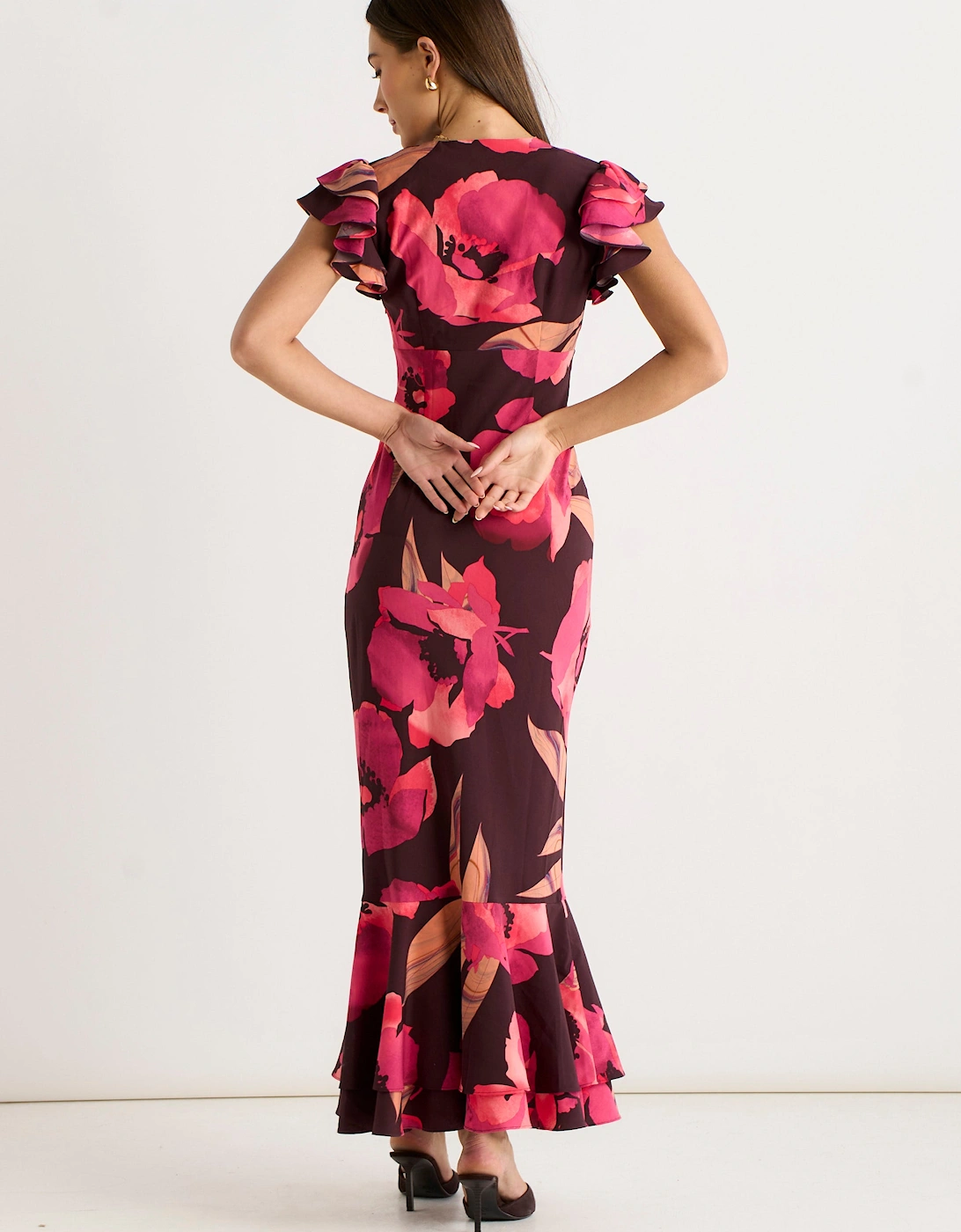 Brown Ruffle Sleeve Floral Maxi Dress