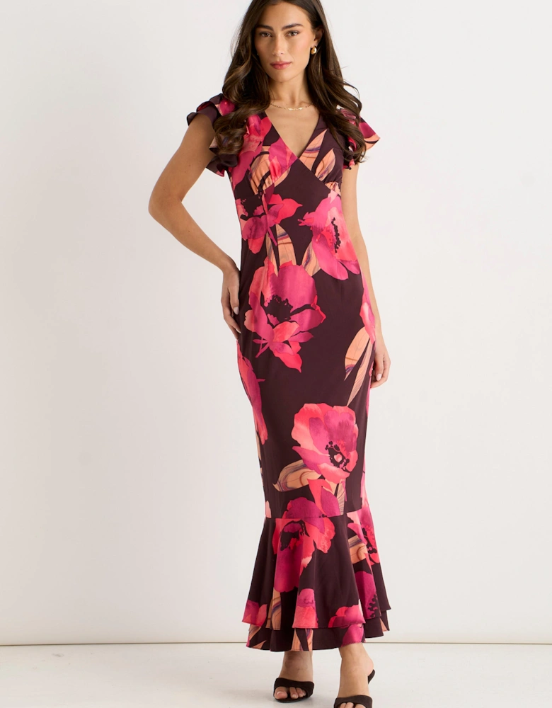 Brown Ruffle Sleeve Floral Maxi Dress