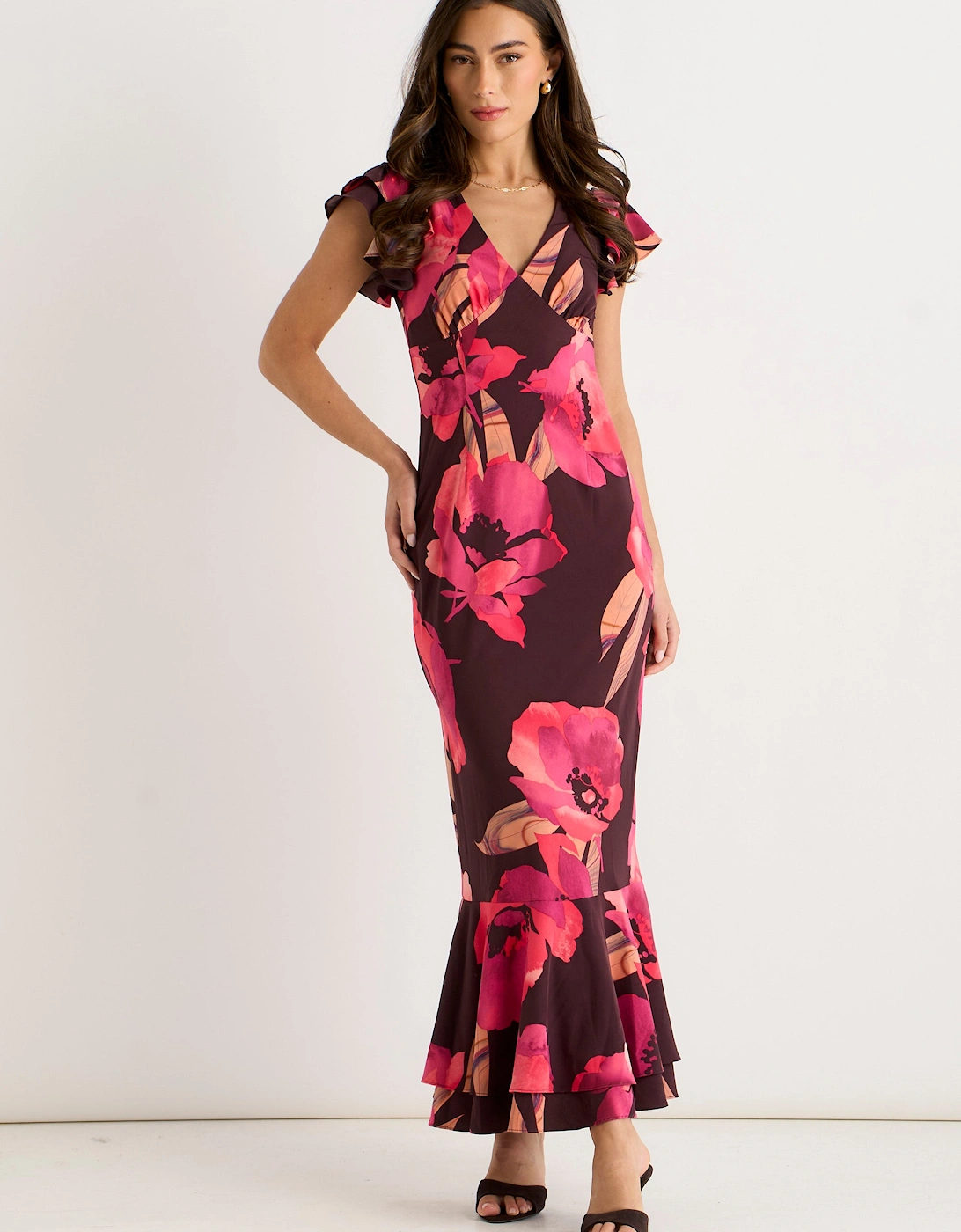 Brown Ruffle Sleeve Floral Maxi Dress