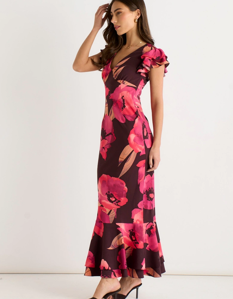 Brown Ruffle Sleeve Floral Maxi Dress