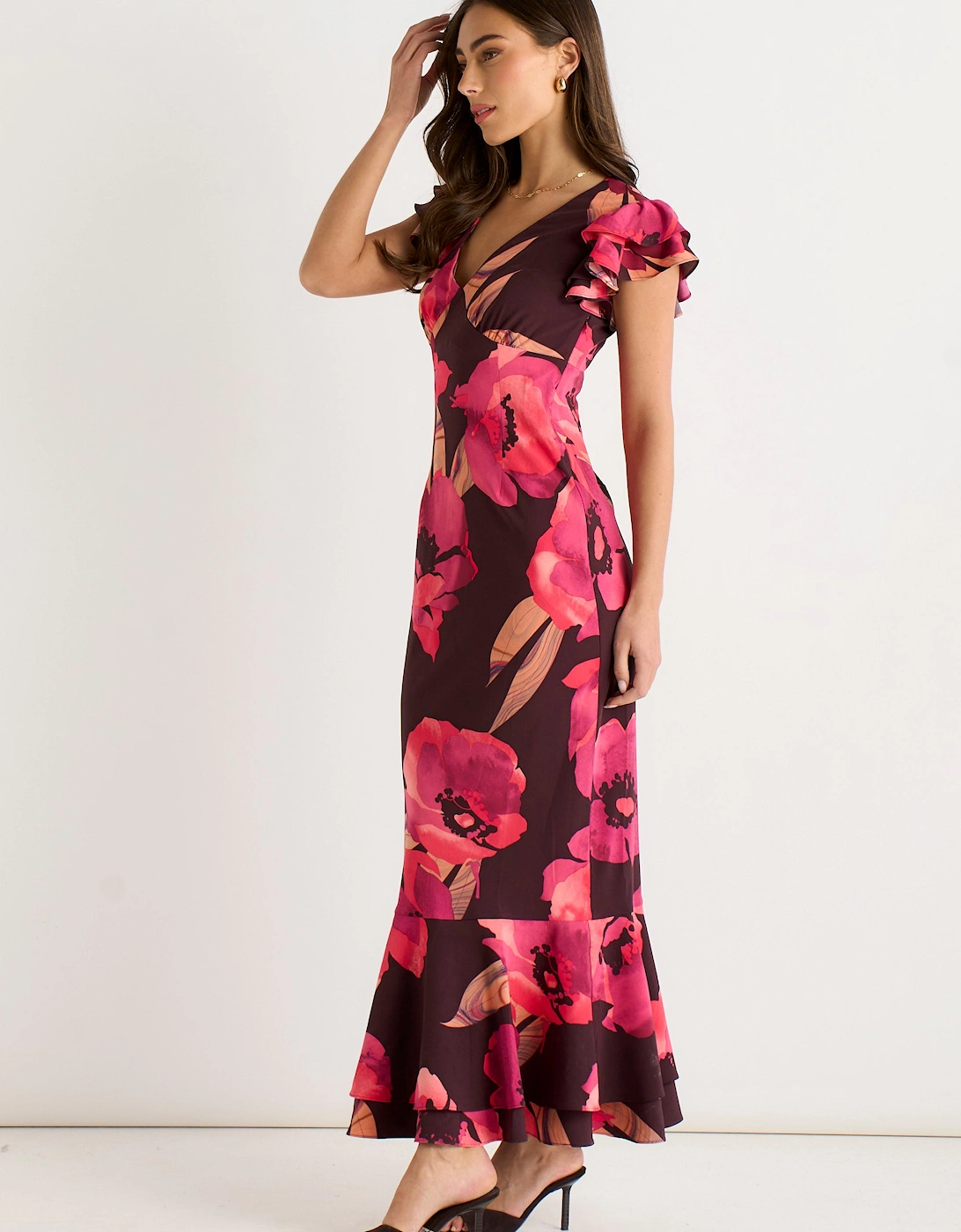 Brown Ruffle Sleeve Floral Maxi Dress