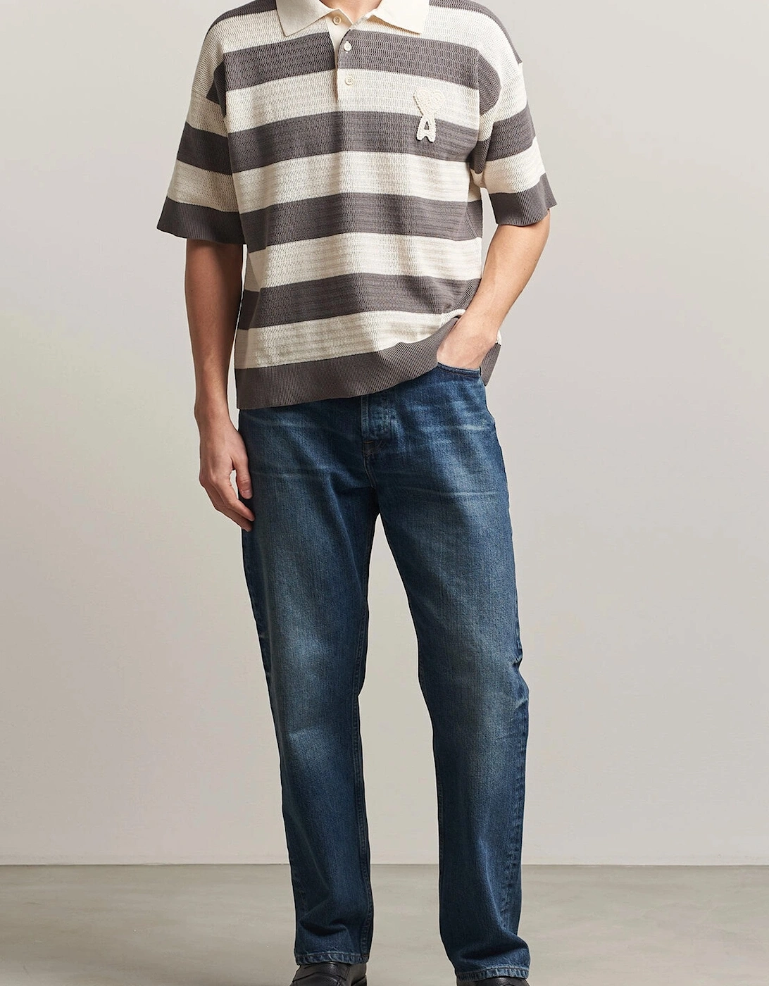 Ajoure Striped Knitted Polo Cream