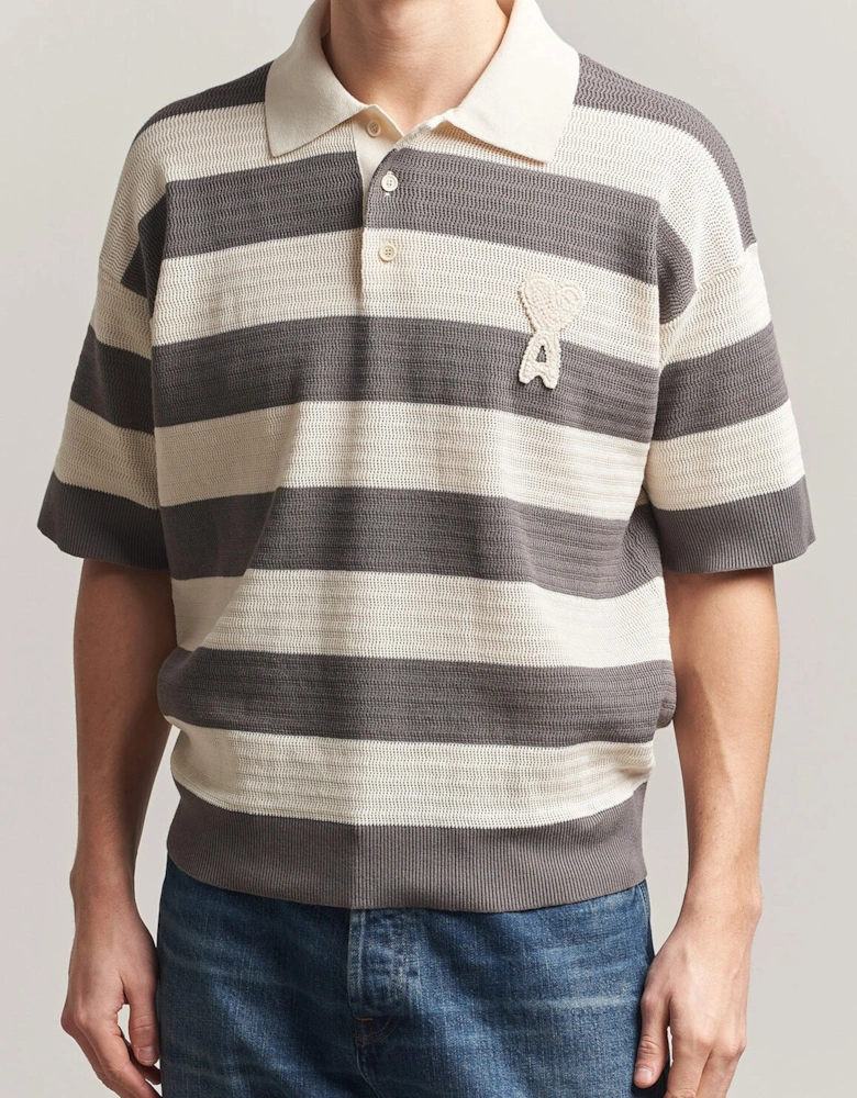 Ajoure Striped Knitted Polo Cream
