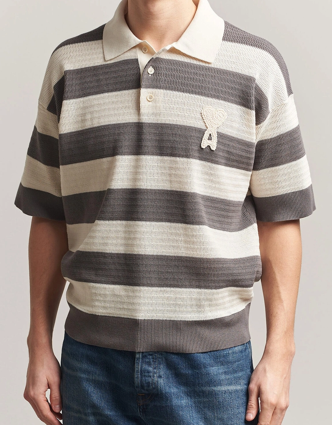 Ajoure Striped Knitted Polo Cream