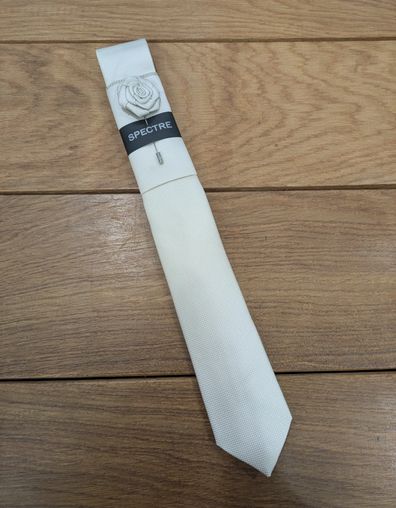 Spectre Plain Slim Tie set with flower pin - Ivory