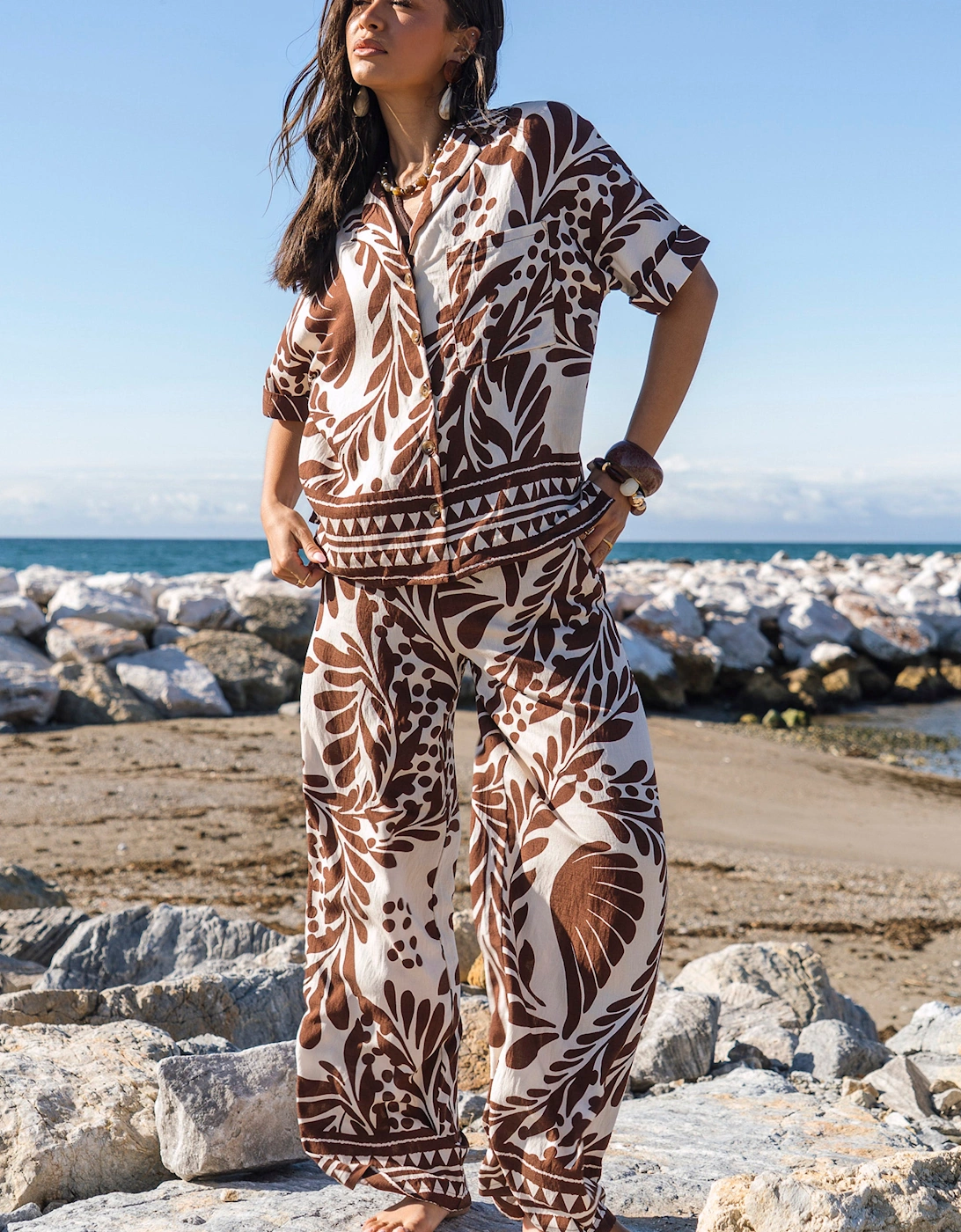 Chocolate Border Print Elasticated Trousers