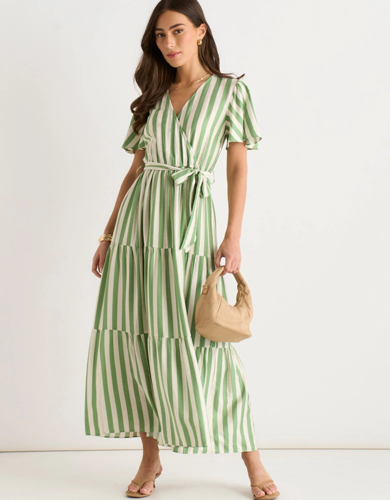 Sage Green Stripe Wrap Belted Viscose Midi Dress
