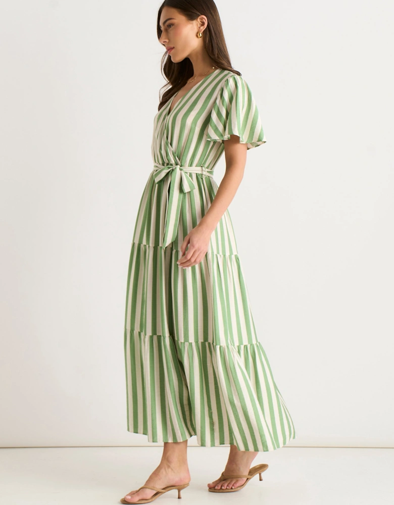 Sage Green Stripe Wrap Belted Viscose Midi Dress