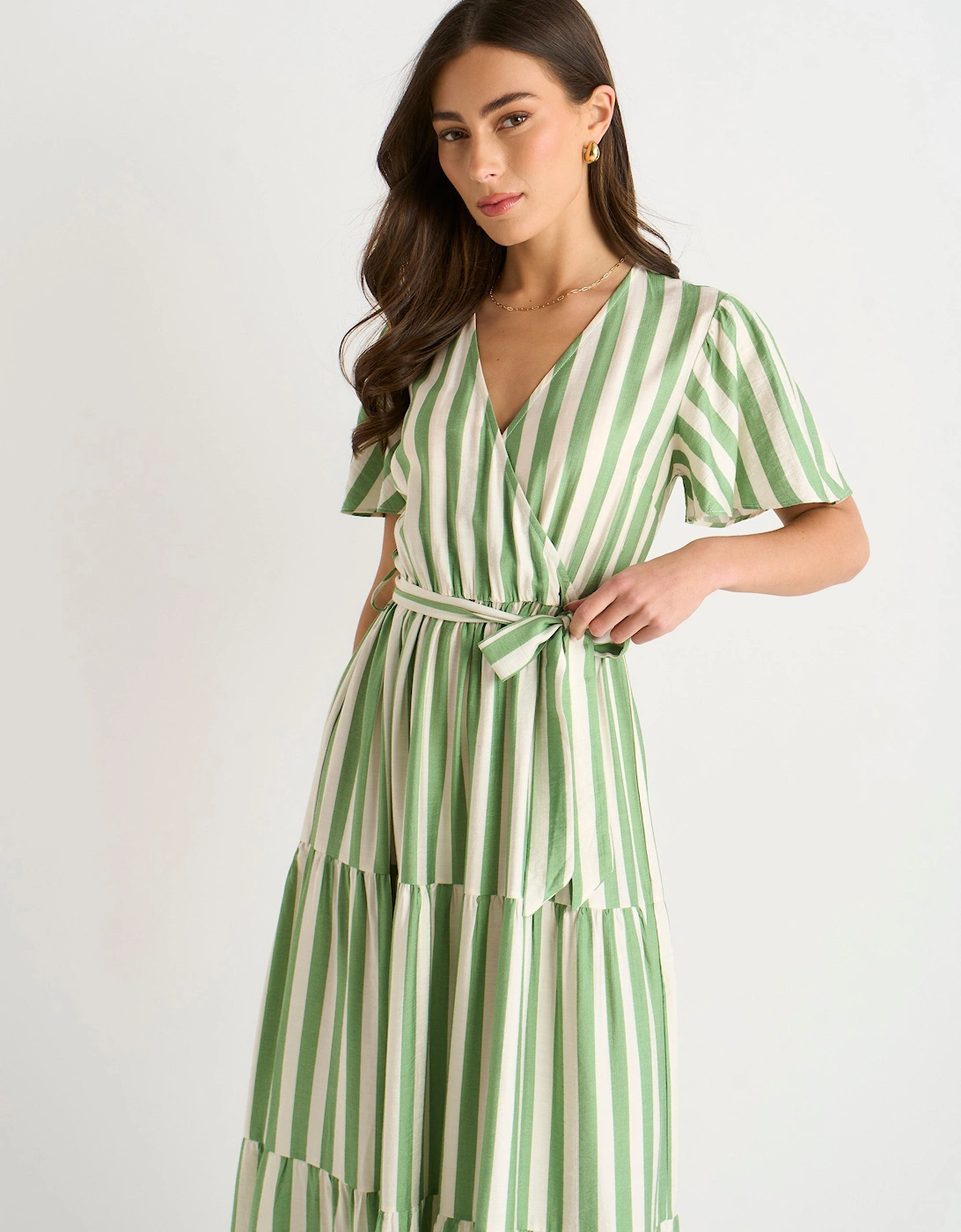 Sage Green Stripe Wrap Belted Viscose Midi Dress