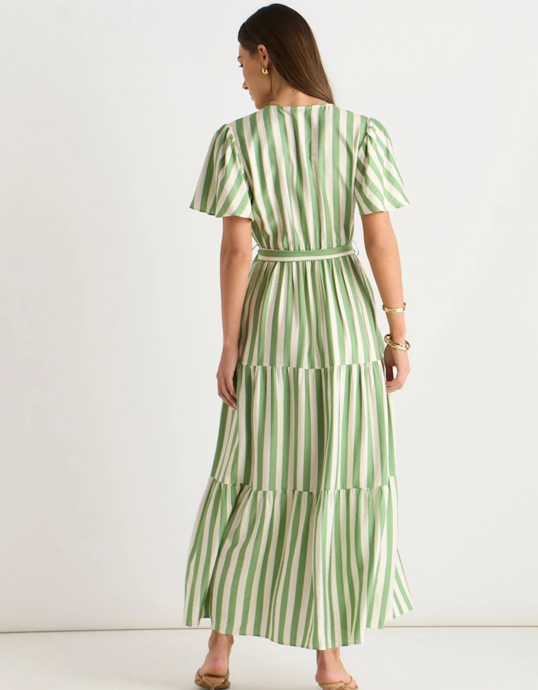 Sage Green Stripe Wrap Belted Viscose Midi Dress