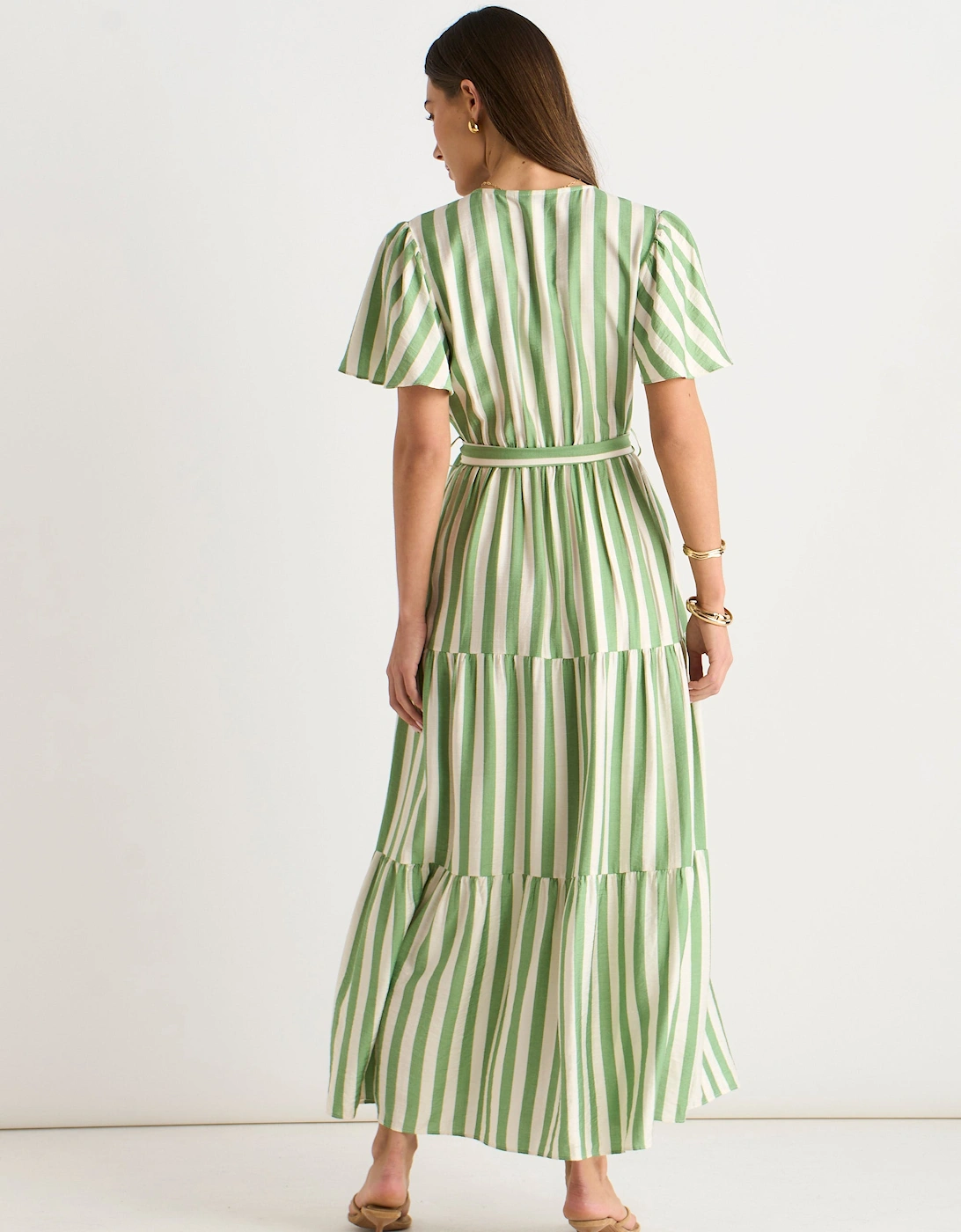 Sage Green Stripe Wrap Belted Viscose Midi Dress