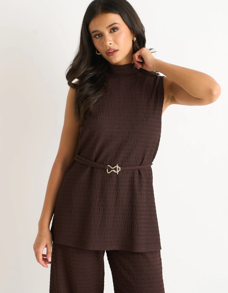 Chocolate Textured Belted Sleeveless Jersey Tabard Top