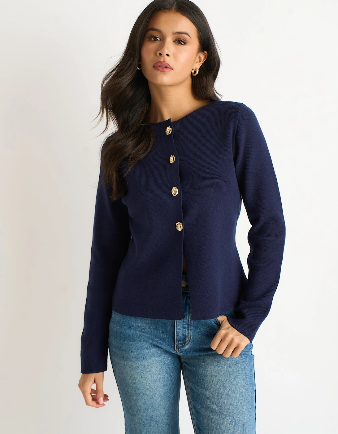 Gini London Women's Navy Gold Buttons Ribbed Knit Cardigan - Size 12/14