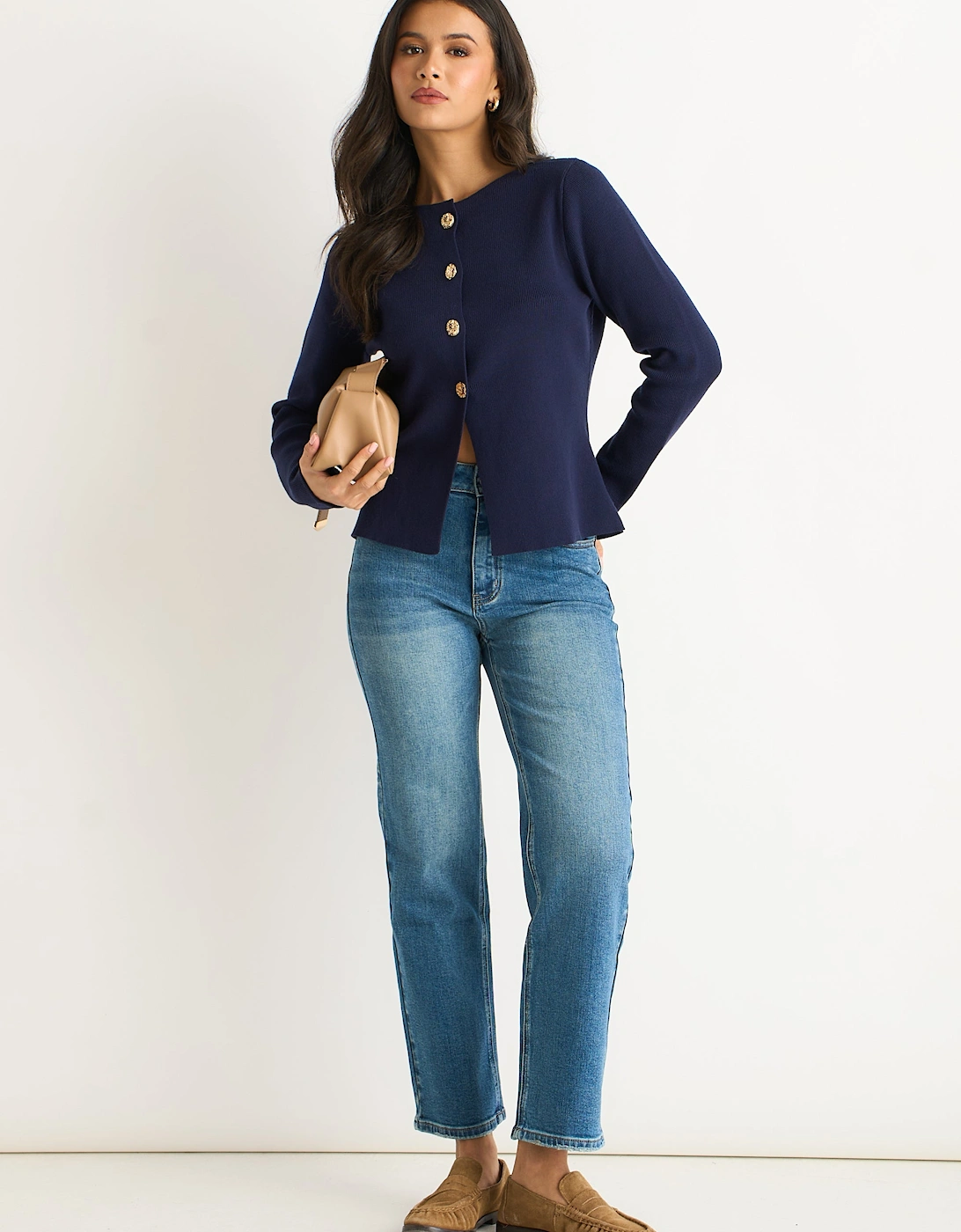 Navy Gold Buttons Ribbed Knit Cardigan