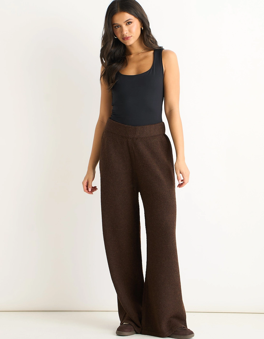 Gini London Women's Brown Soft Knit Pull On Wide-Leg Trousers - Size M-L UK 12-14/Us 8-10/Eu 40-42