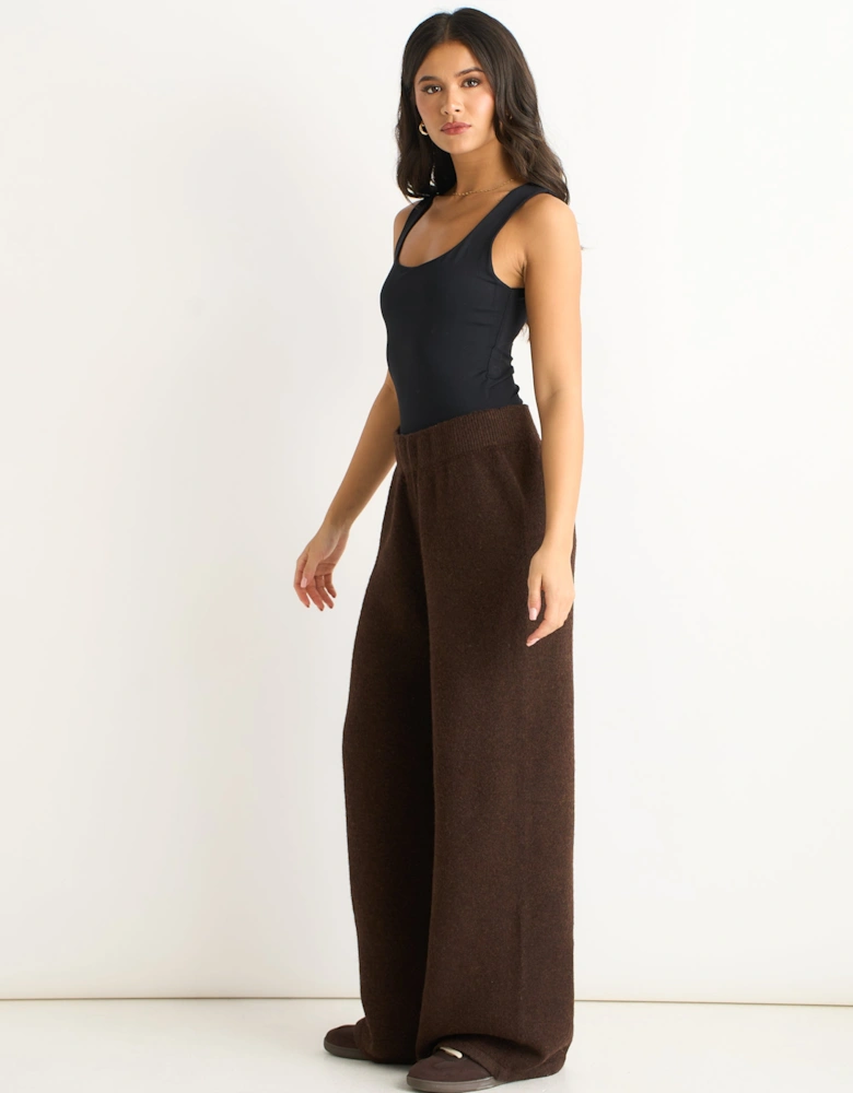 Brown Soft Knit Pull On Wide-Leg Trousers