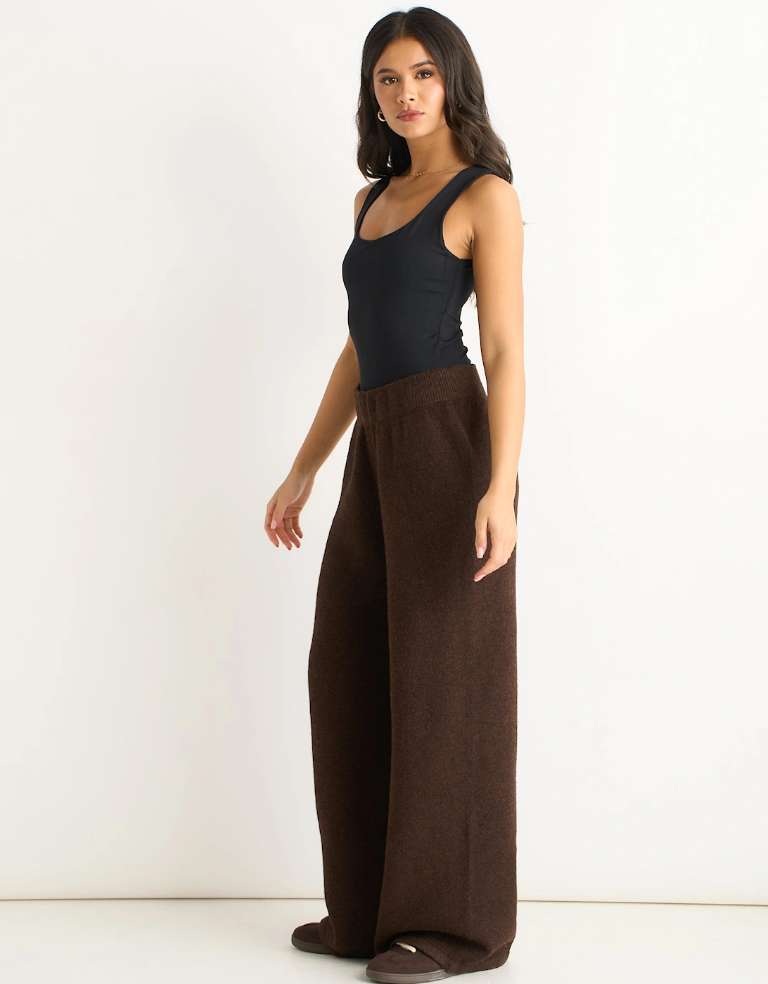 Brown Soft Knit Pull On Wide-Leg Trousers