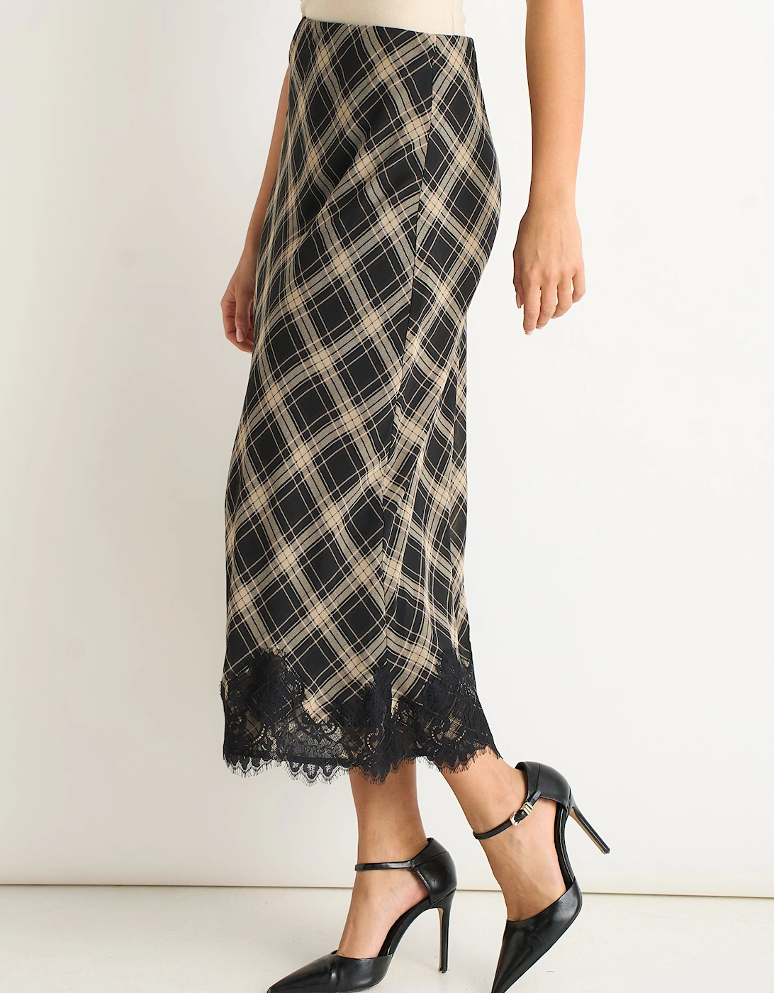 Mono Elegant Check Contrast Lace Detail Bias Skirt