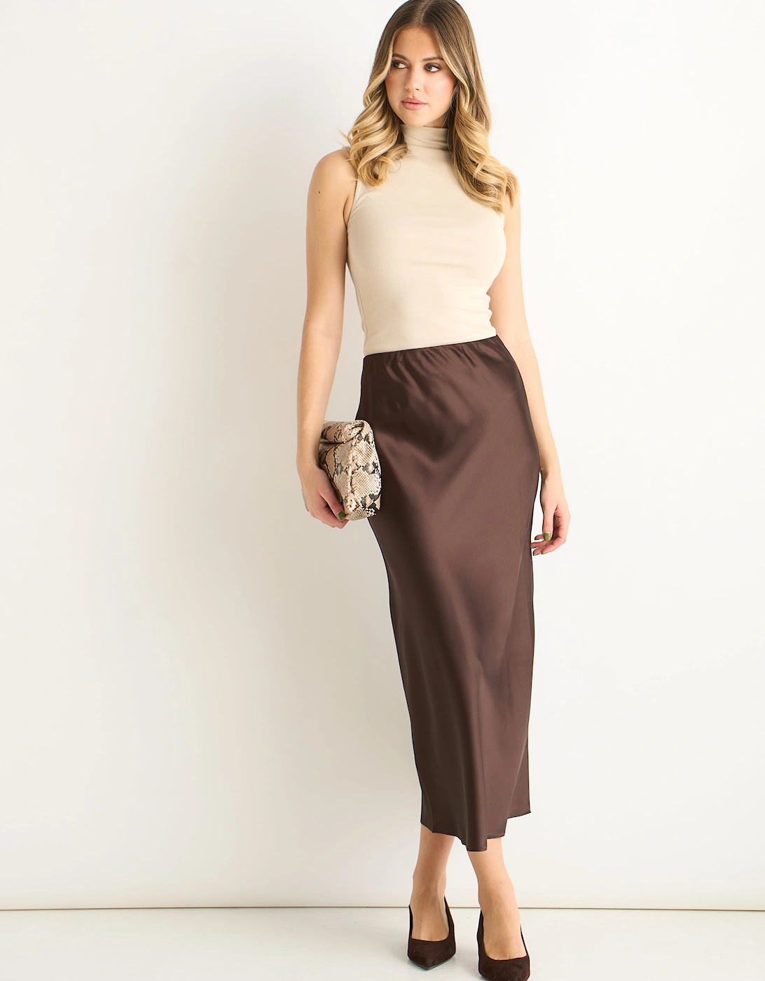 Chocolate Elastic Waist Satin Bias Cut Midi Skirt