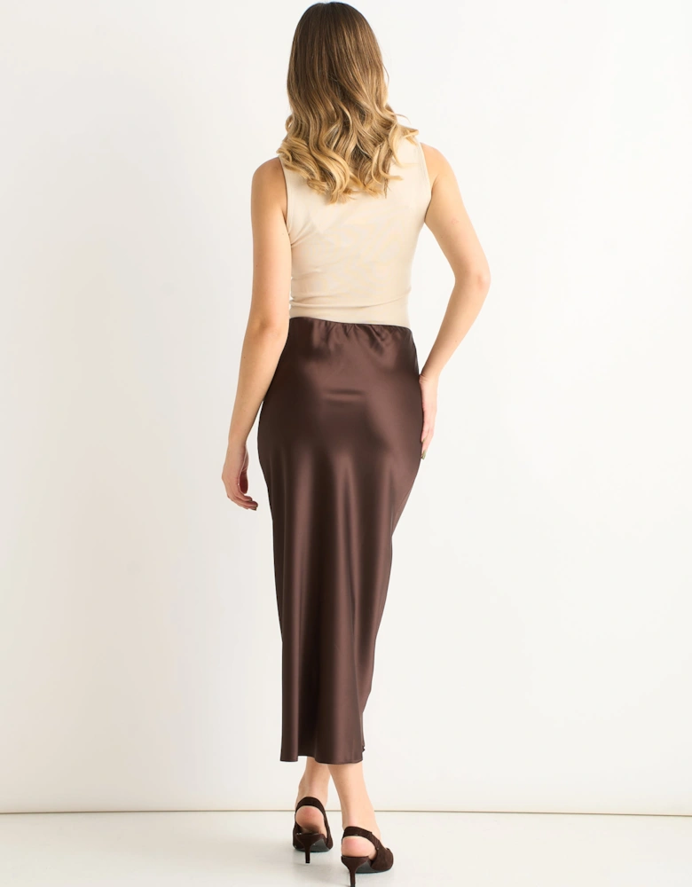 Chocolate Elastic Waist Satin Bias Cut Midi Skirt