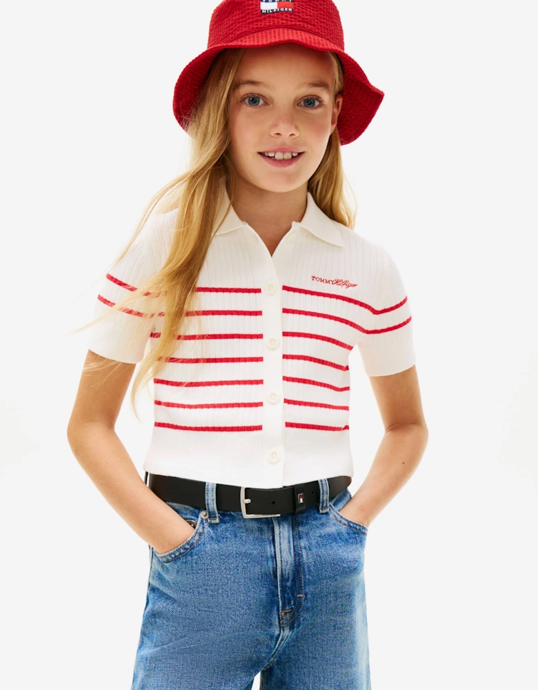 Tommy Hilfiger Girls Ribbed Polo Sweater Top in White