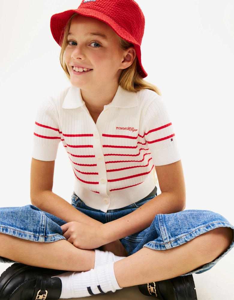 Tommy Hilfiger Girls Ribbed Polo Sweater Top in White
