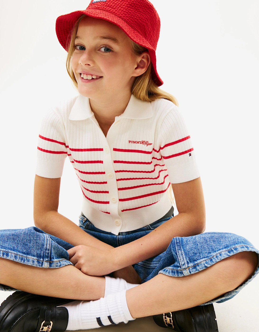 Tommy Hilfiger Girls Ribbed Polo Sweater Top in White