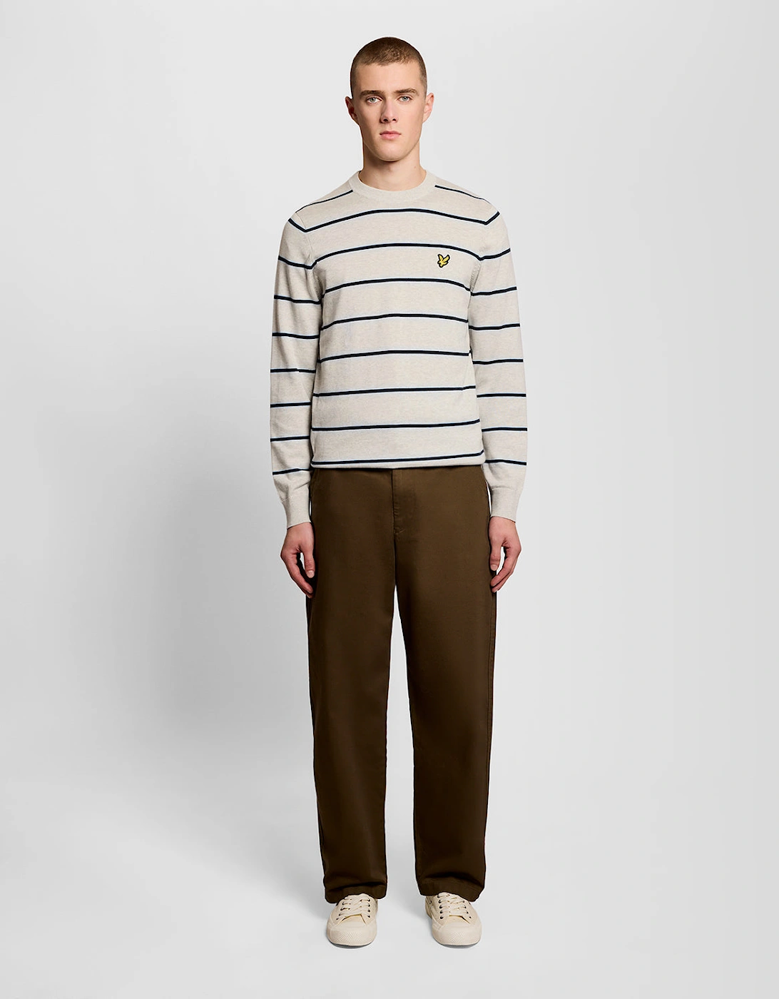 Lyle & Scott Cotton Striped Mens Crew Neck Jumper - D24 Light Grey Marl