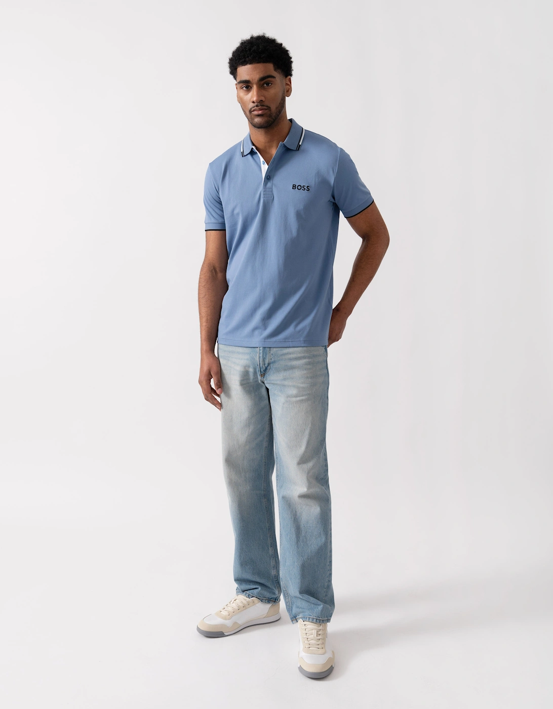 BOSS Green Paddy Pro Mens Cotton Blend Polo Shirt With Contrast Logos - Light/Pastel Blue 459