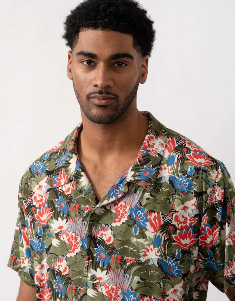 BOSS Orange Mens Short Sleeve Floral Print Beach Shirt - Open Green 351