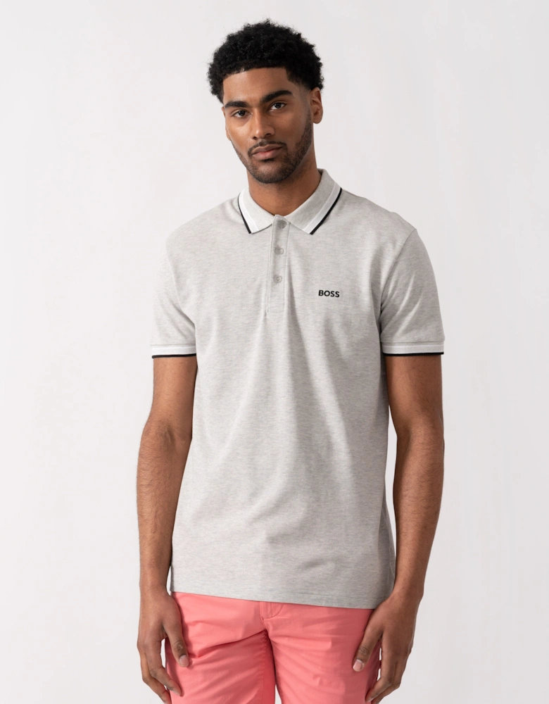 BOSS Green Paddy Mens Cotton-Piqué Polo Shirt with Contrast Logo - Silver 046