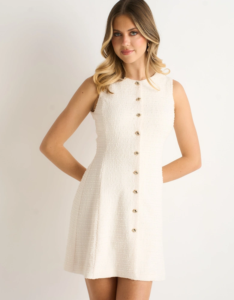 Cream Textured Boucle Button-Front Mini Dress