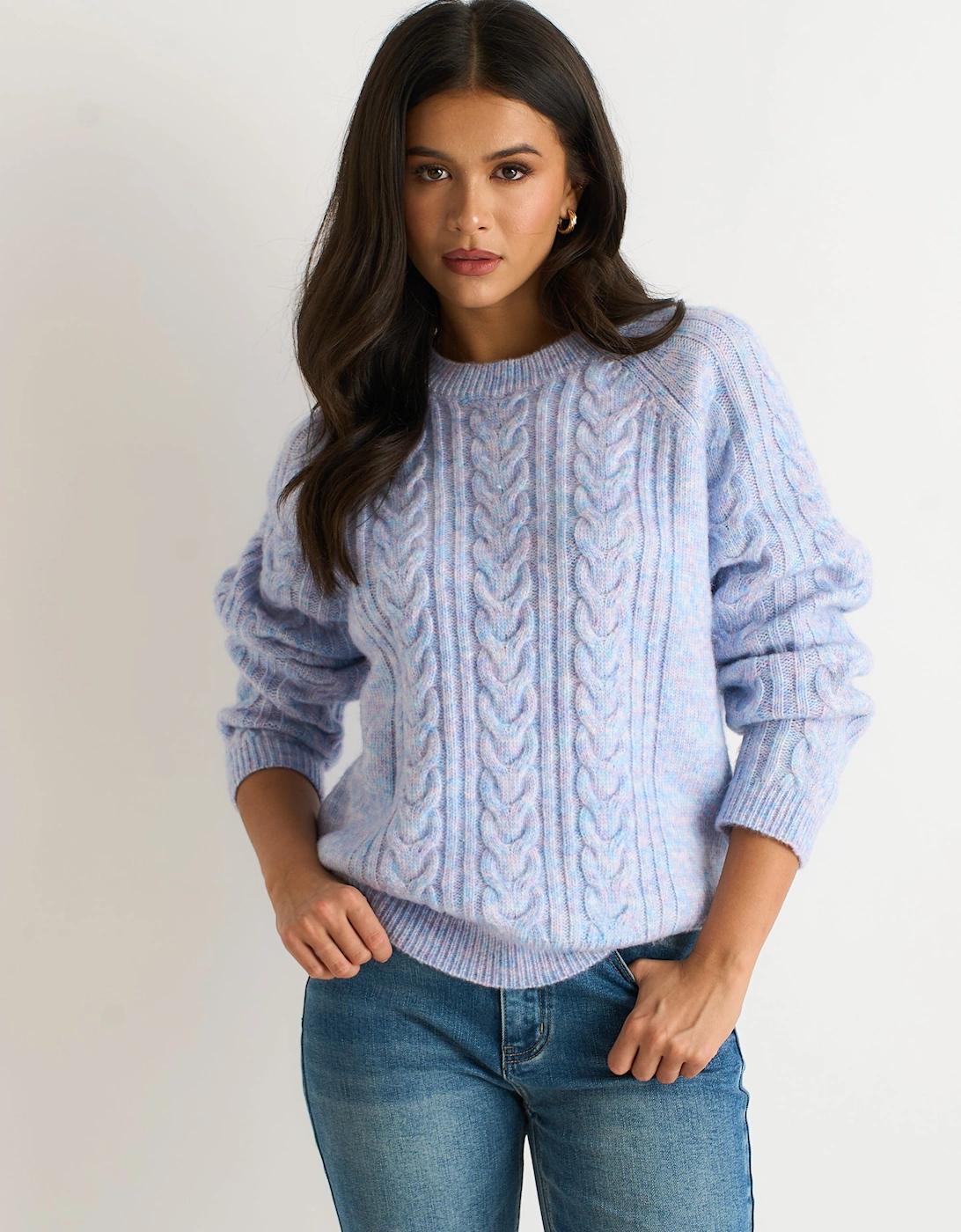 Gini London Women's Blue Pastel Cable Knit Crew Neck Jumper - Size 12/14