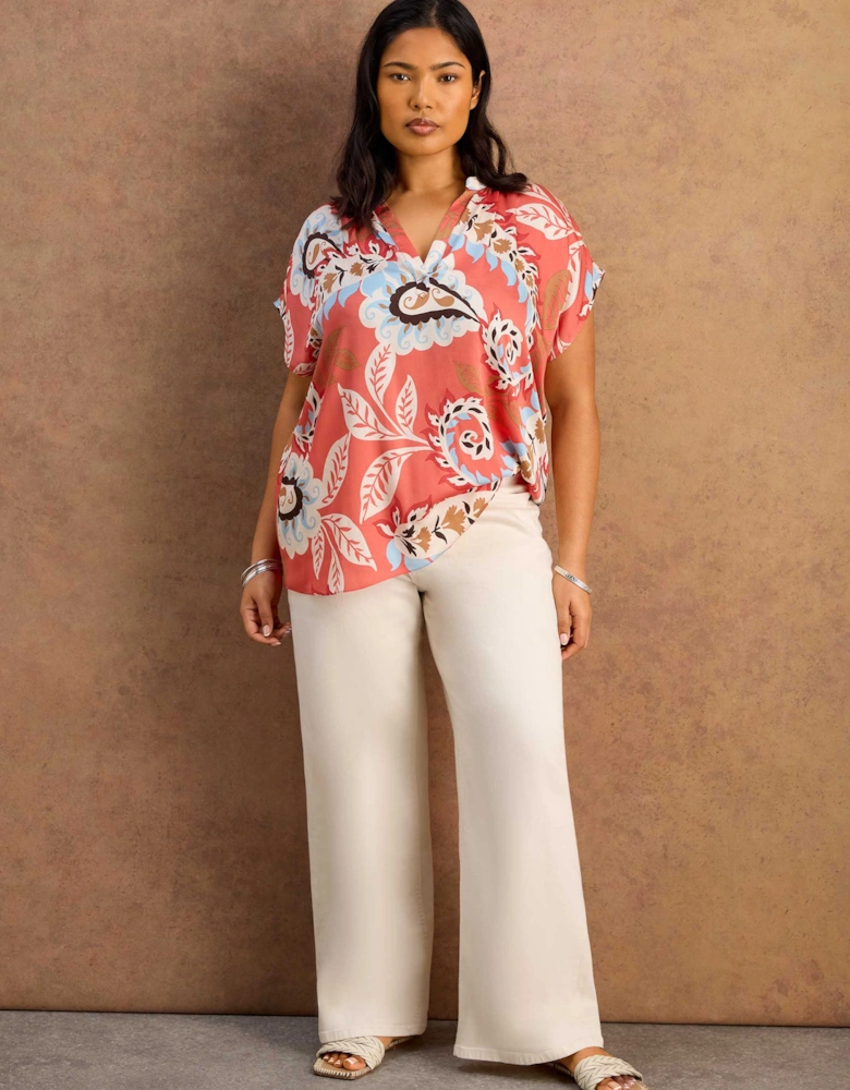 Petite Coral Paisley Print Short Sleeve Top