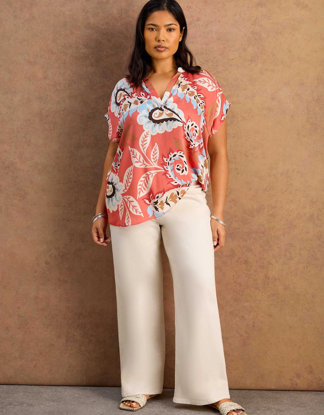 Petite Coral Paisley Print Short Sleeve Top
