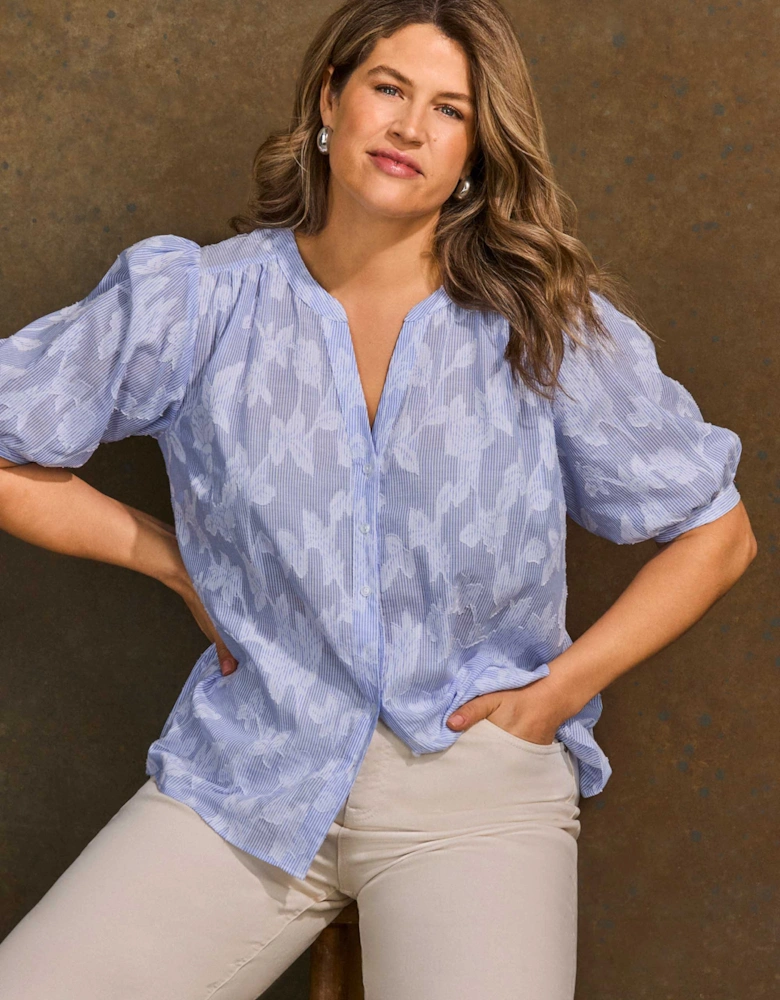 Blue Stripe Floral Puff Sleeve Blouse