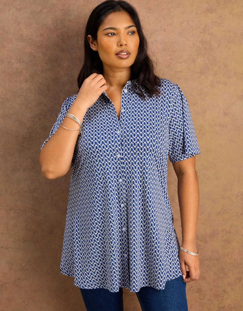 Petite Blue Geo Print Short Sleeve Jersey Shirt