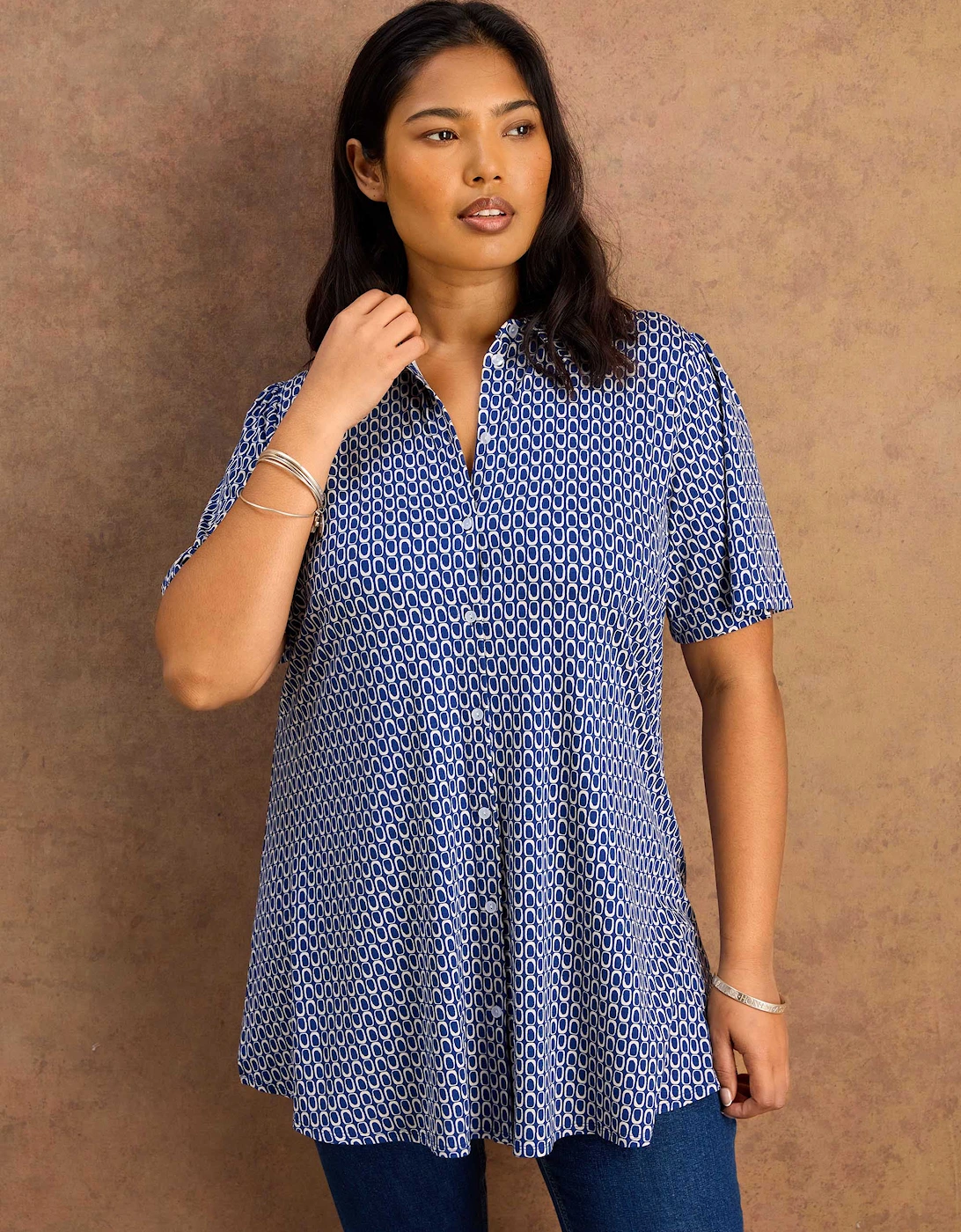 Petite Blue Geo Print Short Sleeve Jersey Shirt