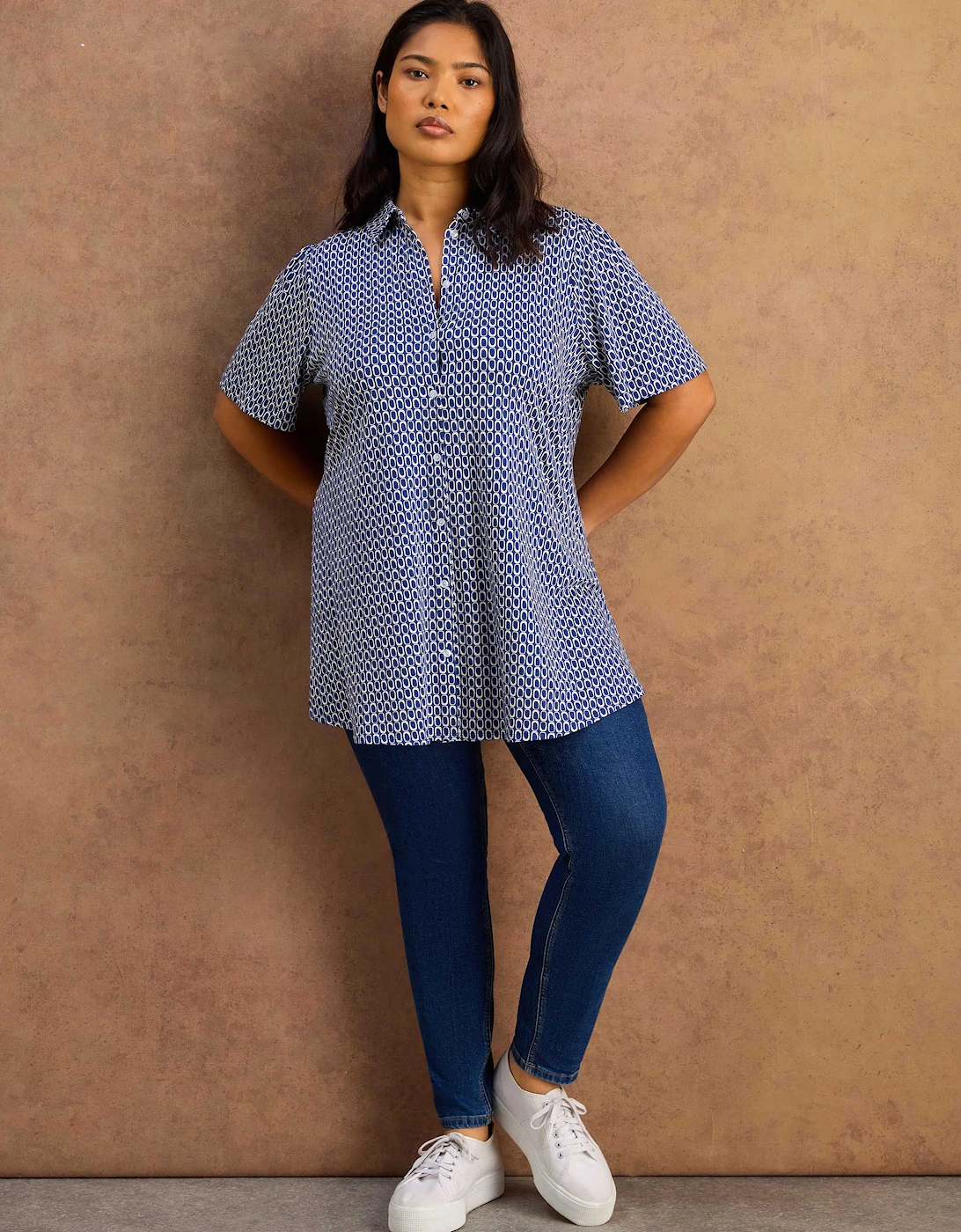 Petite Blue Geo Print Short Sleeve Jersey Shirt