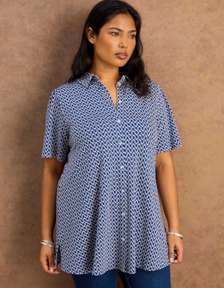 Petite Blue Geo Print Short Sleeve Jersey Shirt