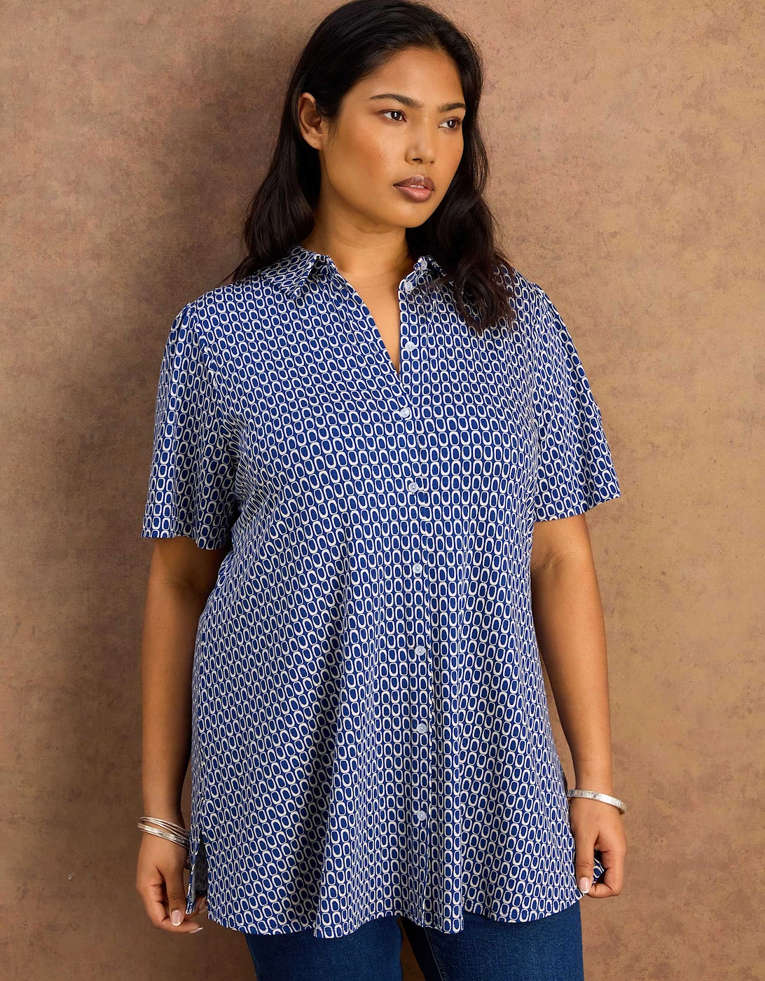 Petite Blue Geo Print Short Sleeve Jersey Shirt