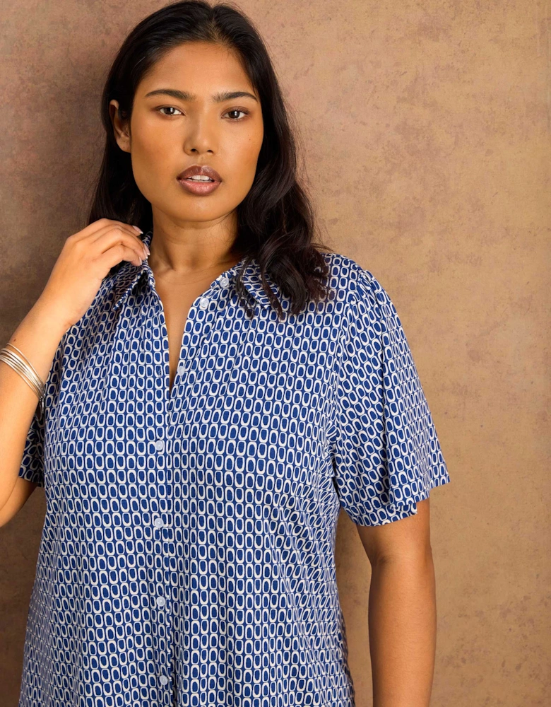 Petite Blue Geo Print Short Sleeve Jersey Shirt
