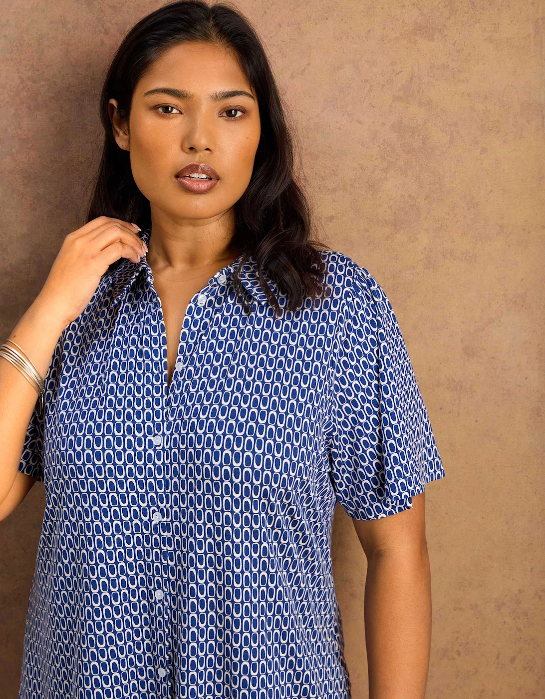 Petite Blue Geo Print Short Sleeve Jersey Shirt