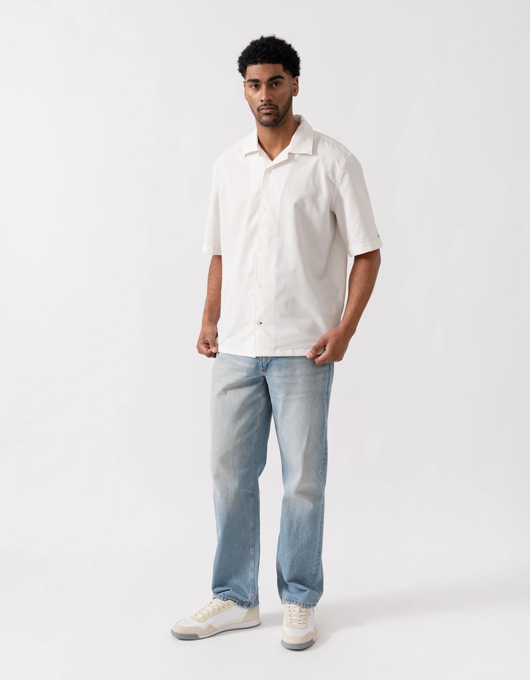 Tommy Hilfiger Performance Seersucker Mens Short Sleeve Shirt - Ivory Petal/Ecru Stripe