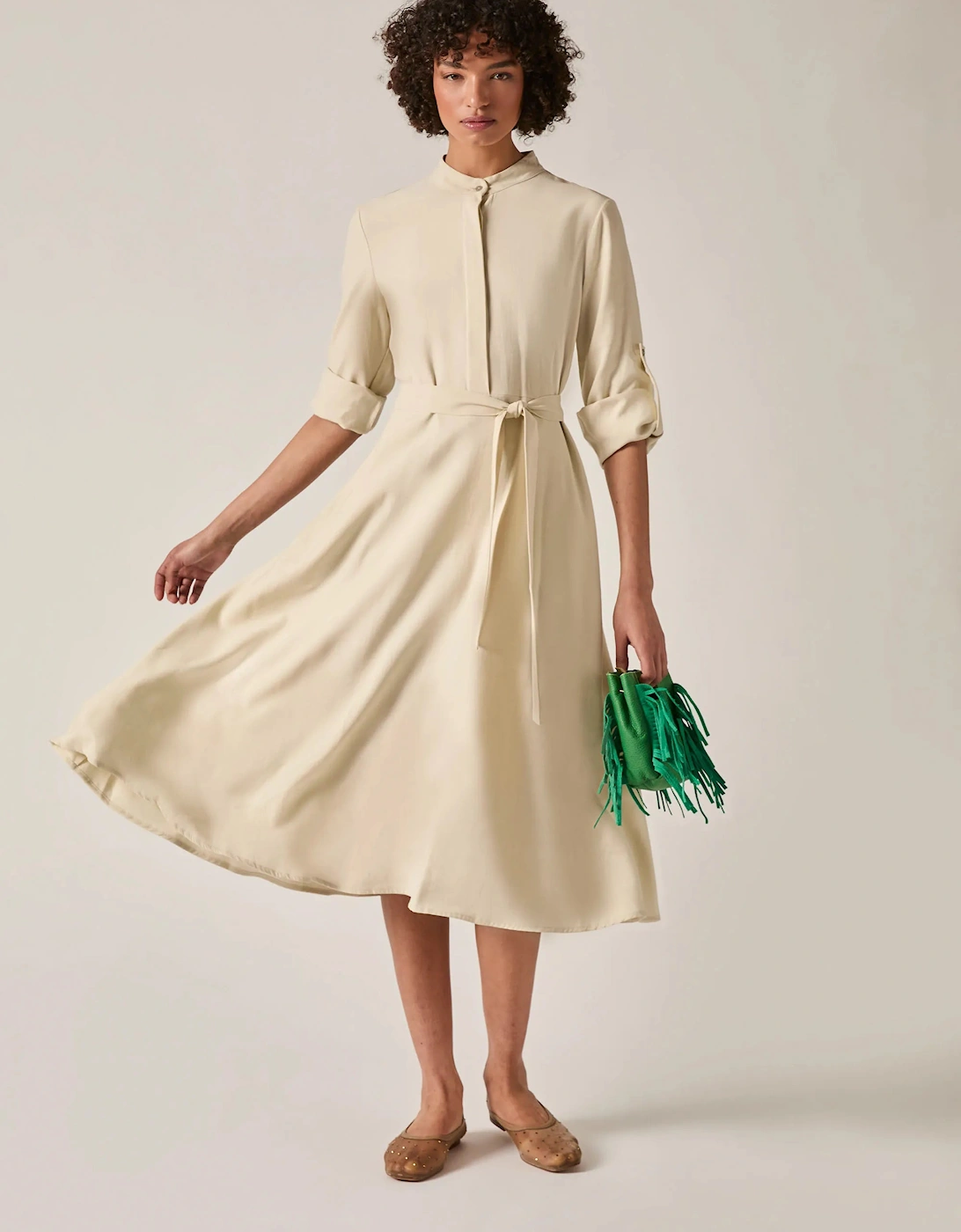 Cream Tie-Waist Midi Dress