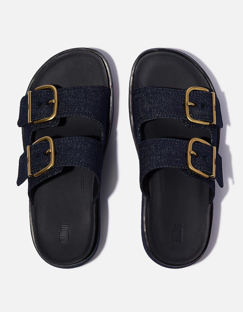 FitFlop Womens GEN-FF Max Buckle Two-Bar Denim Slides - Dark Denim D71