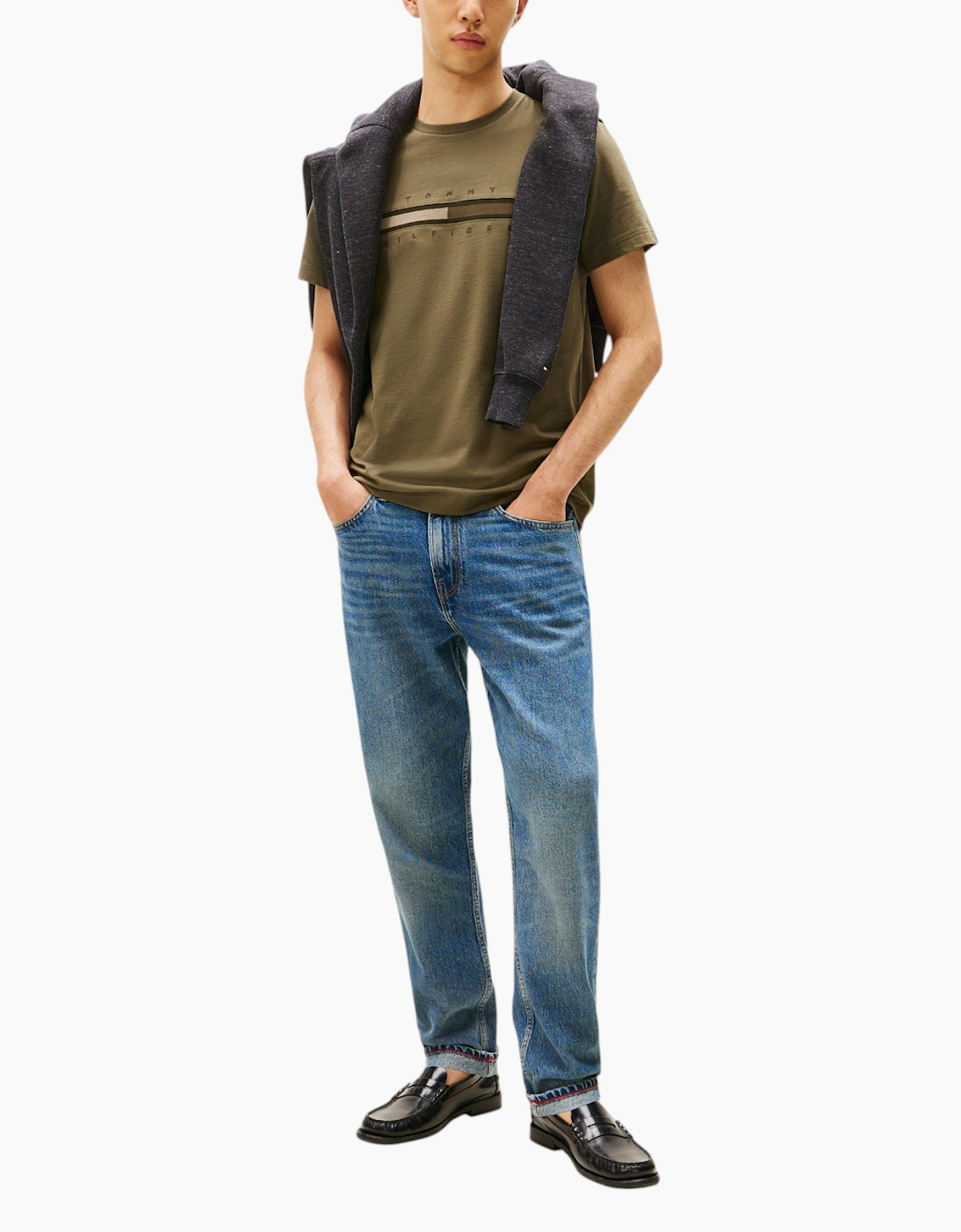 Tommy Hilfiger Mens T Shirts Crew Neck Regular Fit Cotton Tino Tee Black Beige