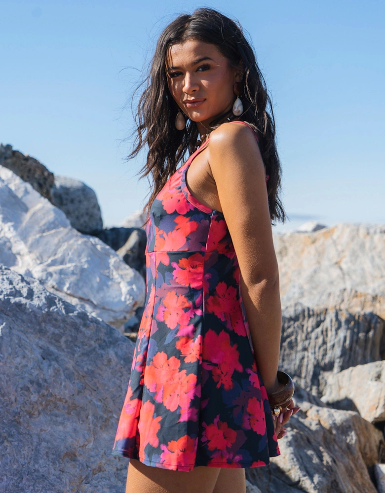 Red Floral Print Strappy Skirted Swimsuit
